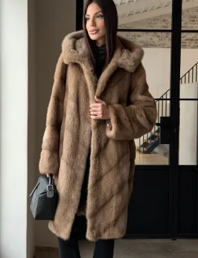 Норковая шуба с капюшоном - цвет пастель - фото 5