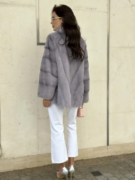 Короткая норковая куртка, стойка воротник - лавандовый оттенок - фото 6